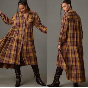 Anthropologie Plaid Long Sleeve Dress in Yellow and Brown